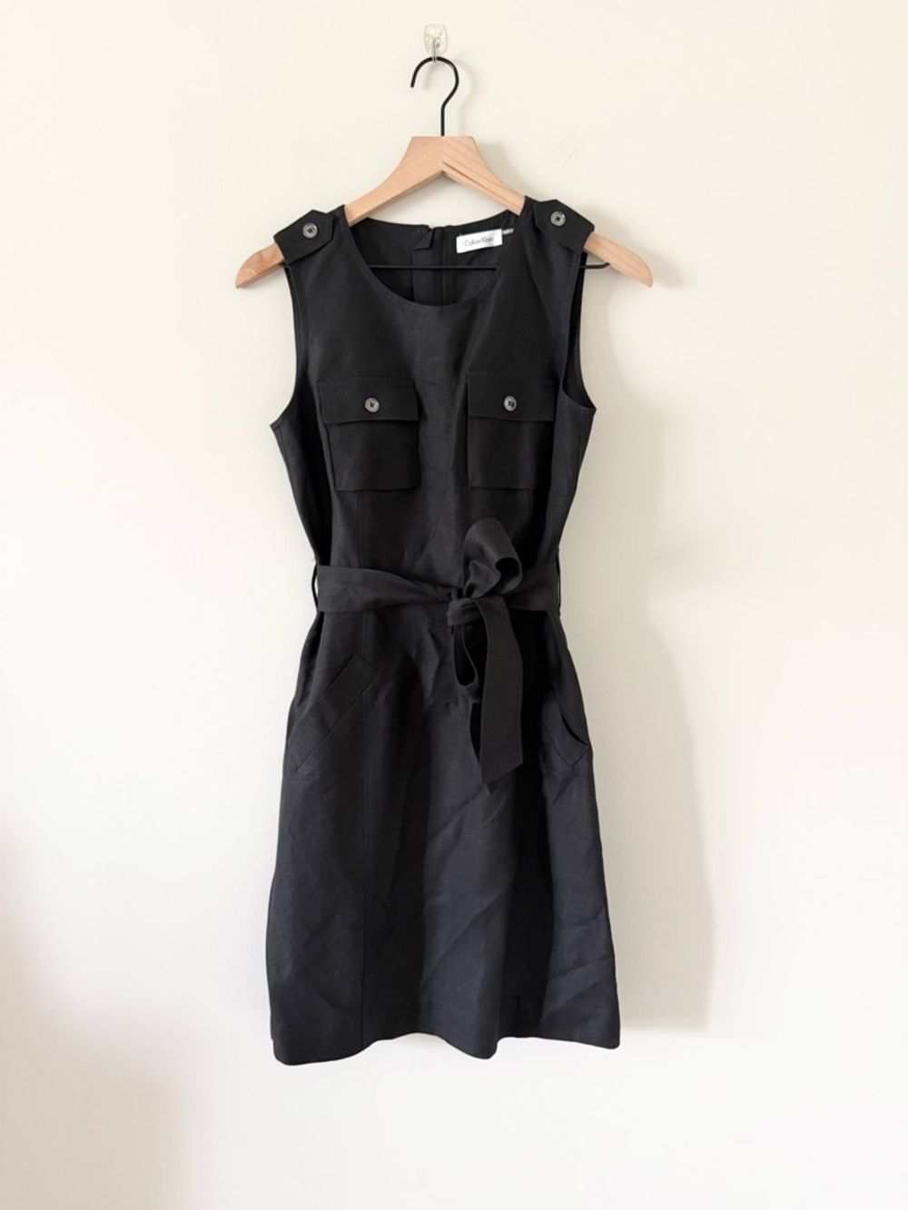 Calvin Klein Linen Blend Shift Dress with Waist Tie in Black Size P
